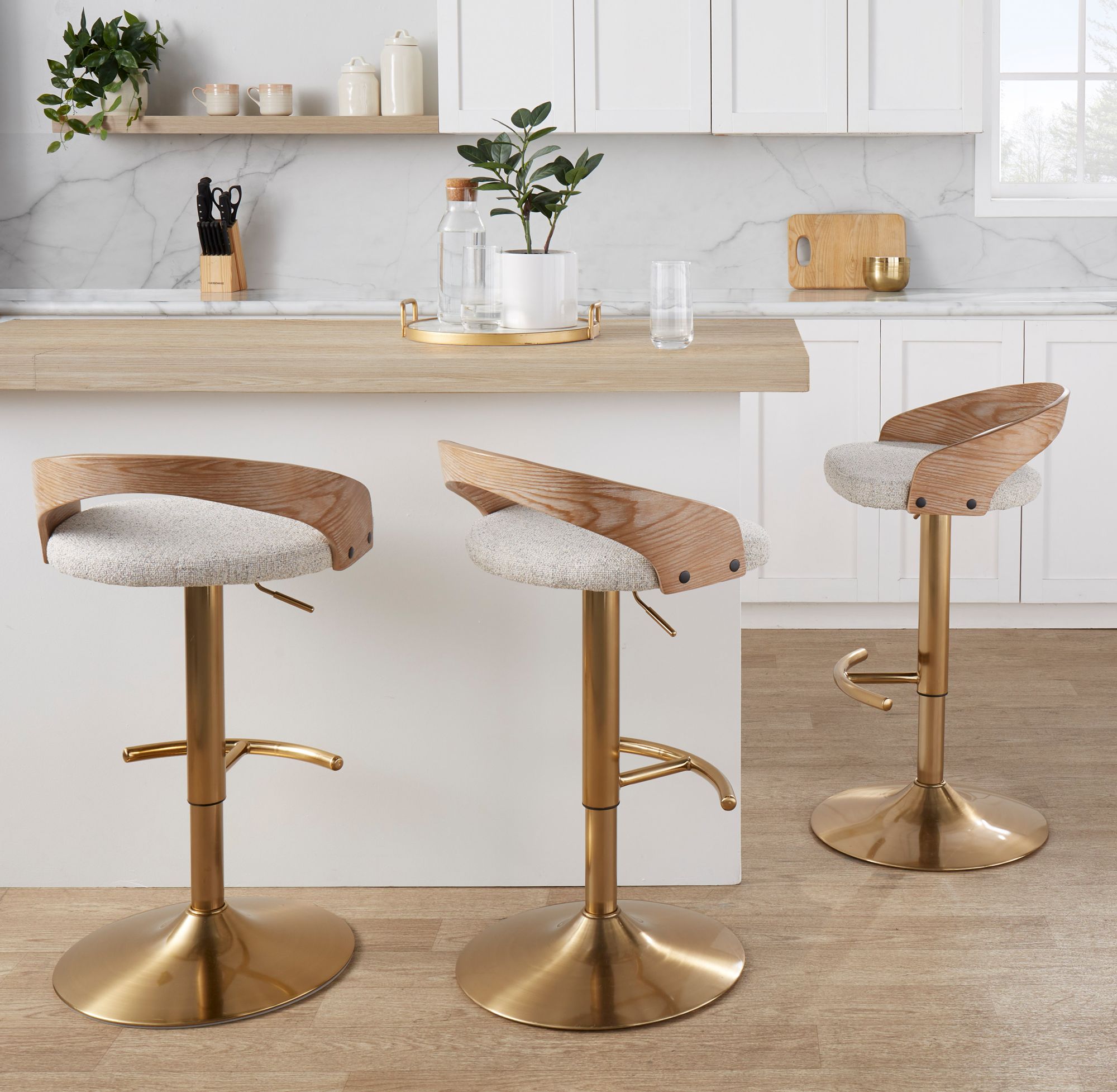 Grotto Barstool Gold Metal Wood Oat Fabric by LumiSource Pair