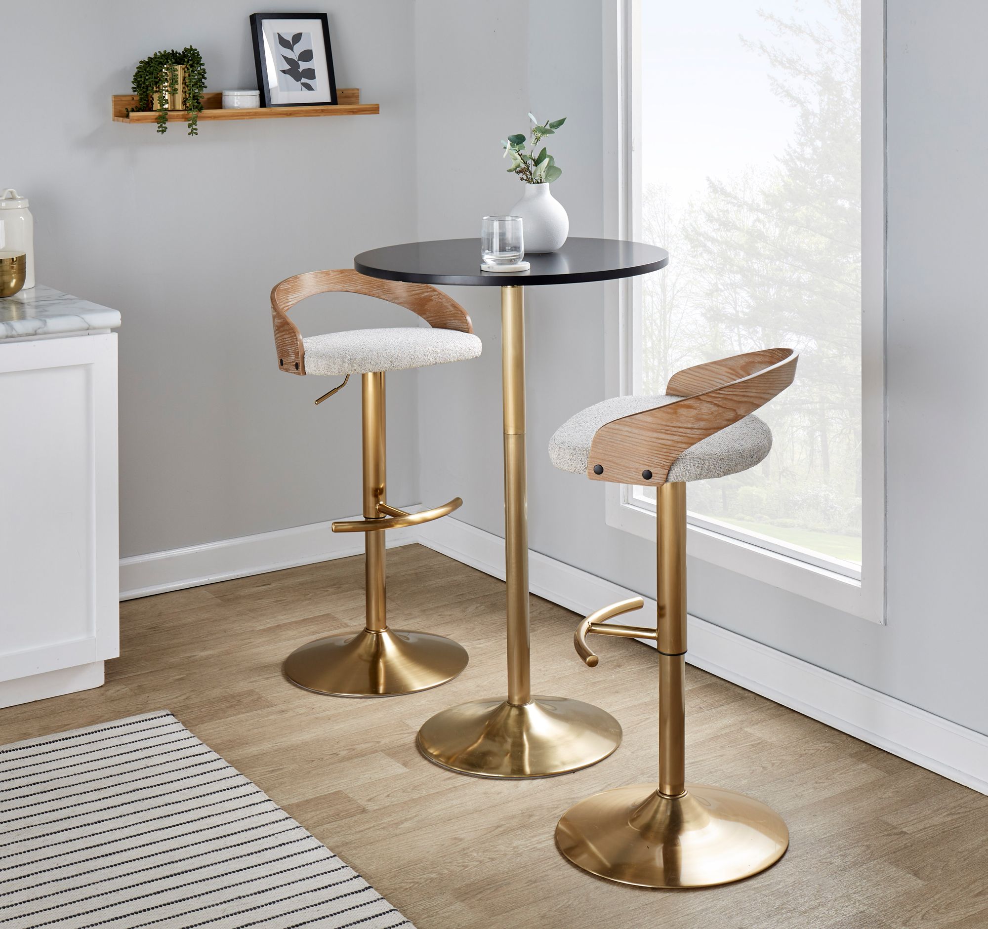 Grotto Barstool Gold Metal Wood Oat Fabric by LumiSource Pair