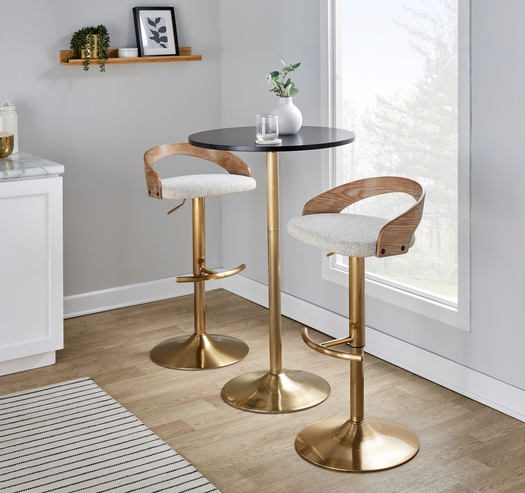 Grotto Barstool Gold Metal Wood Oat Fabric by LumiSource Pair