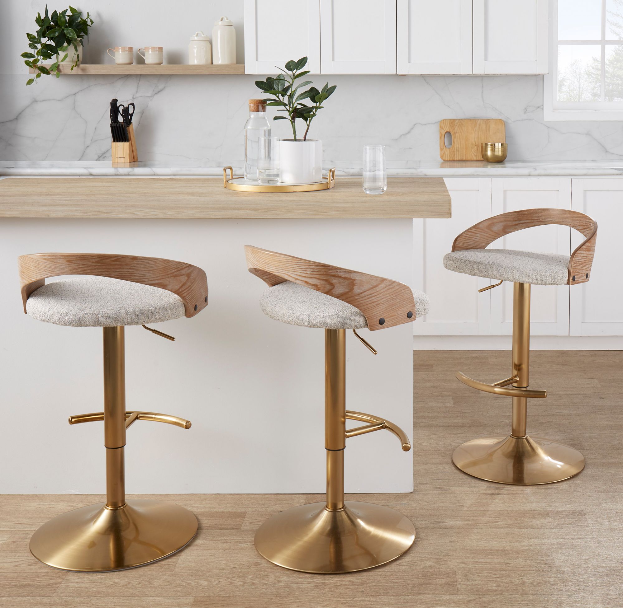 Grotto Barstool Gold Metal Wood Oat Fabric by LumiSource Pair