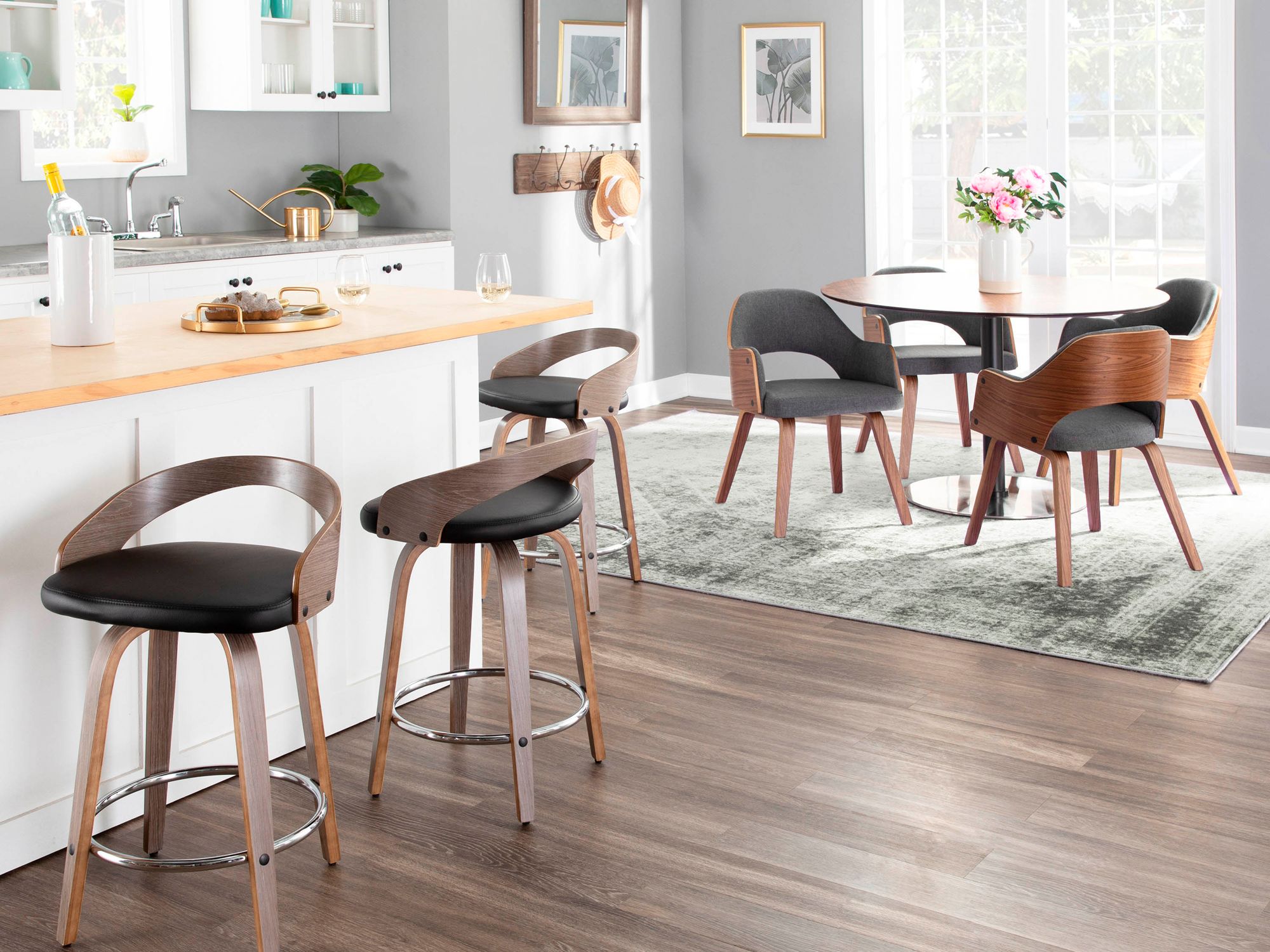 Grotto Counter Stool in Grey Wood and Black PU by LumiSource Pair