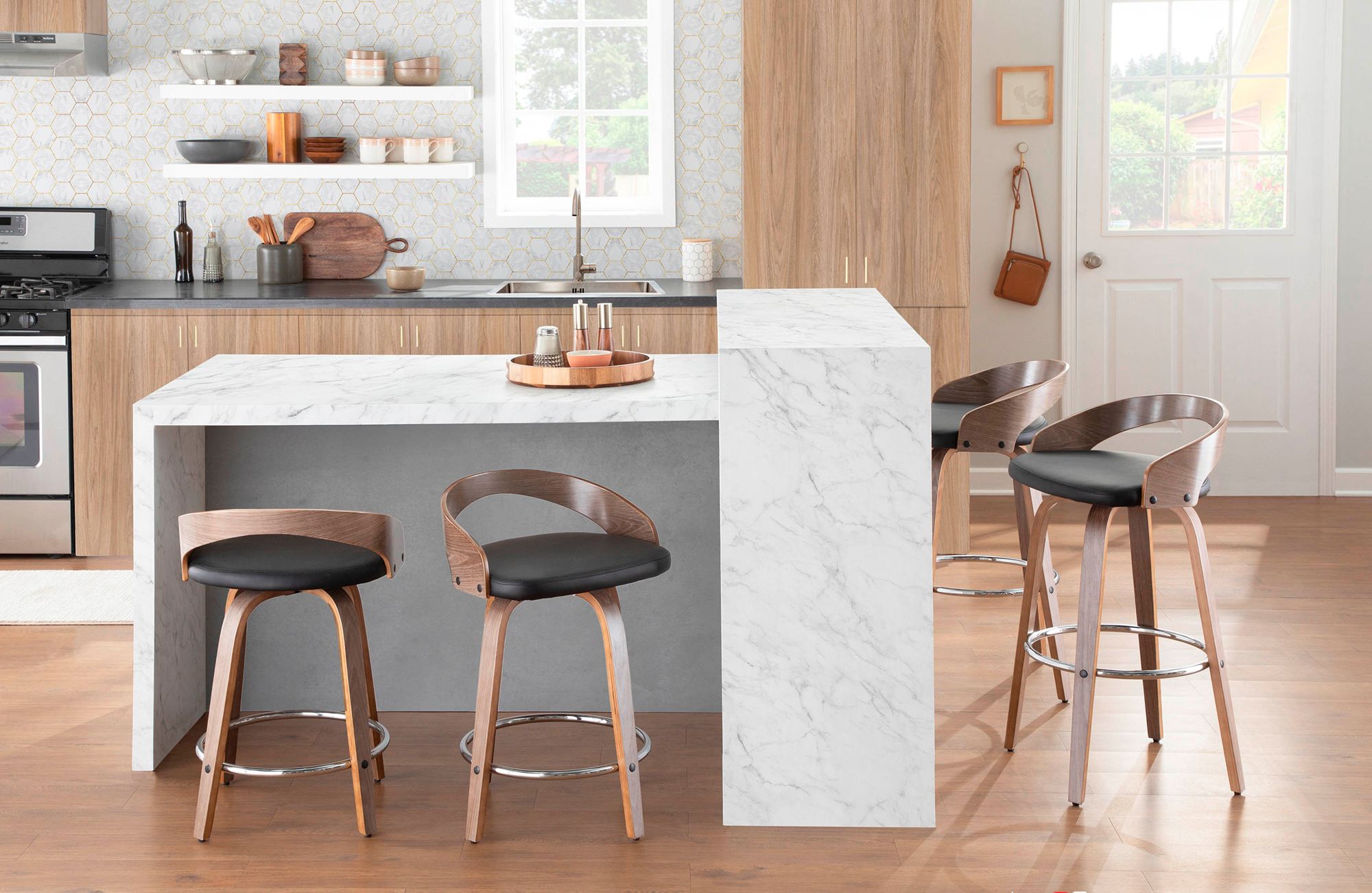 Grotto Counter Stool in Grey Wood and Black PU by LumiSource Pair