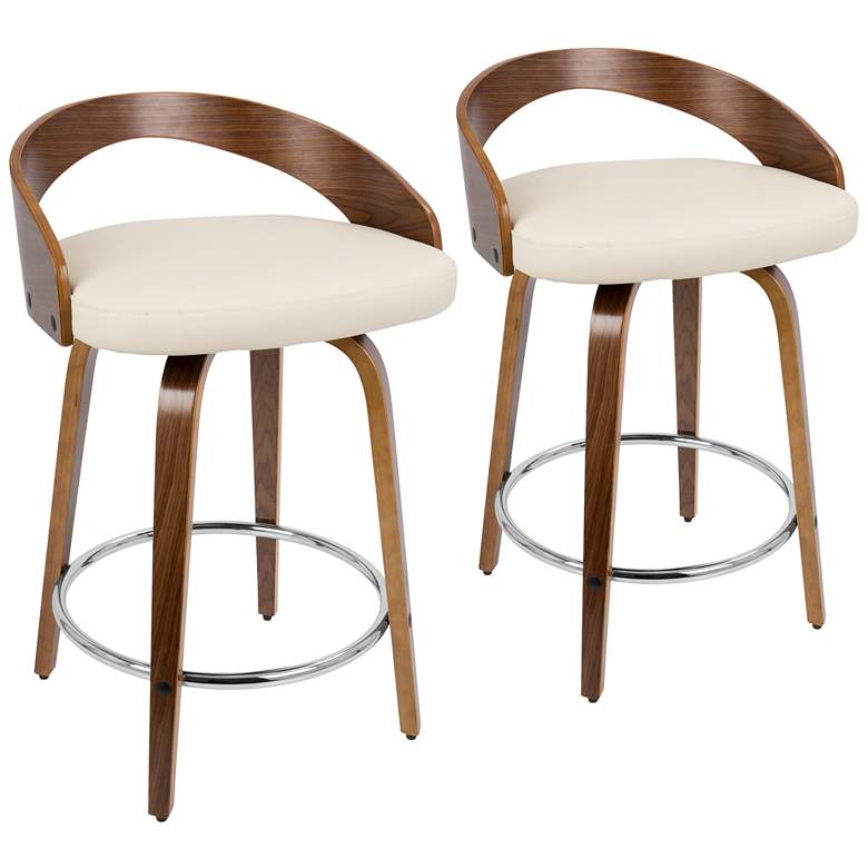 Image 2 Grotto Counter Stool in Walnut with Cream Faux Leather by LumiSource Pair