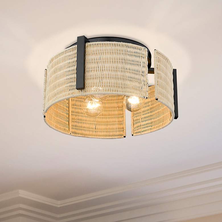 Image 2 Grove 14"W Matte Black Natural 3-Light Wicker Ceiling Light