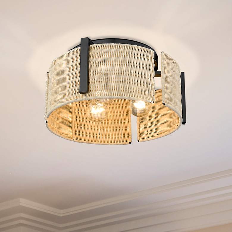 Image 2 Grove 14 inchW Matte Black Natural 3-Light Wicker Ceiling Light