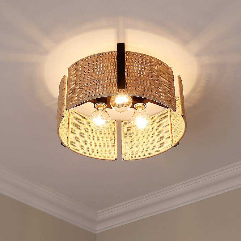 Image 7 Grove 14"W Matte Black Natural 3-Light Wicker Ceiling Light more views