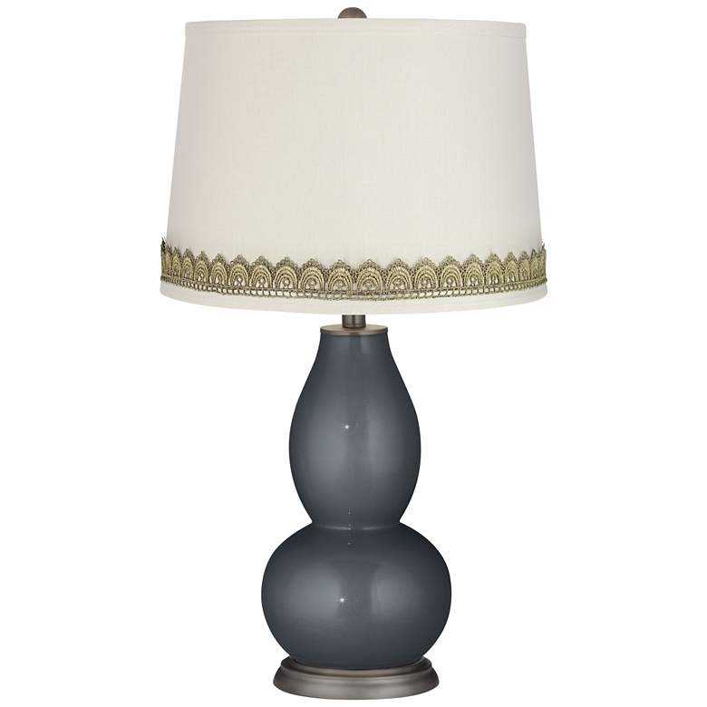 Image 1 Gunmetal Metallic Double Gourd Table Lamp with Scallop Lace Trim