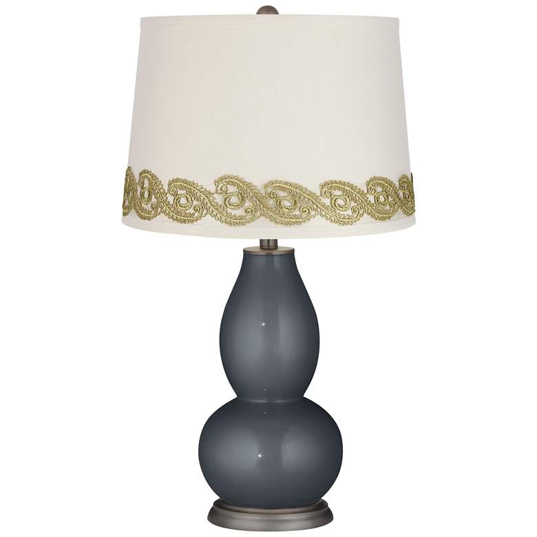 Image 1 Gunmetal Metallic Double Gourd Table Lamp with Vine Lace Trim