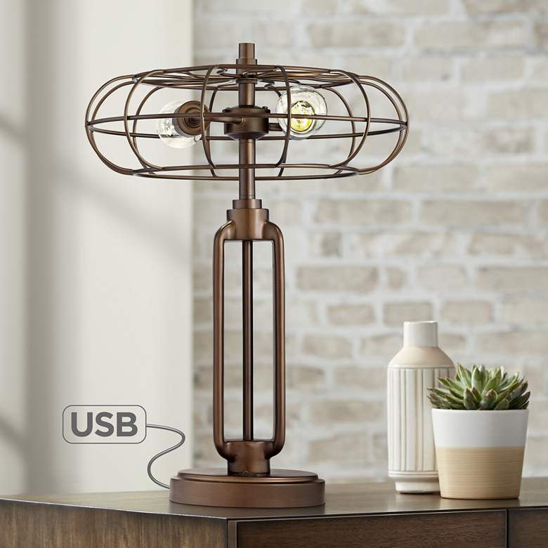 Image 1 Gustav Farmhouse Style Cage Table Lamp with USB Port