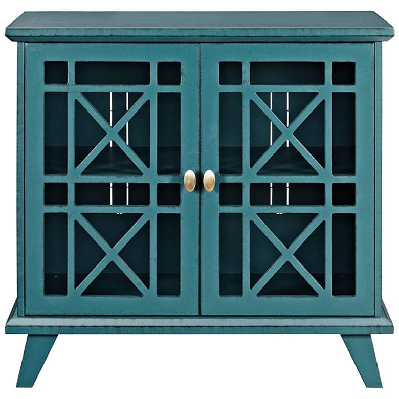 Image 1 Gwen 32 inch Wide Fretwork Blue Wood 2-Door Accent Console