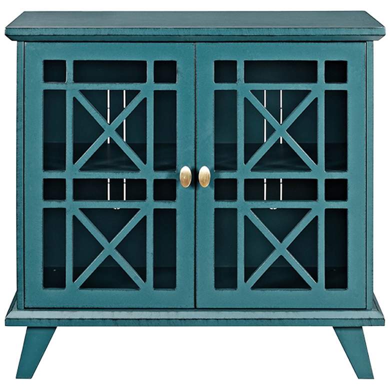 Image 1 Gwen 32" Wide Fretwork Blue Wood 2-Door Accent Console