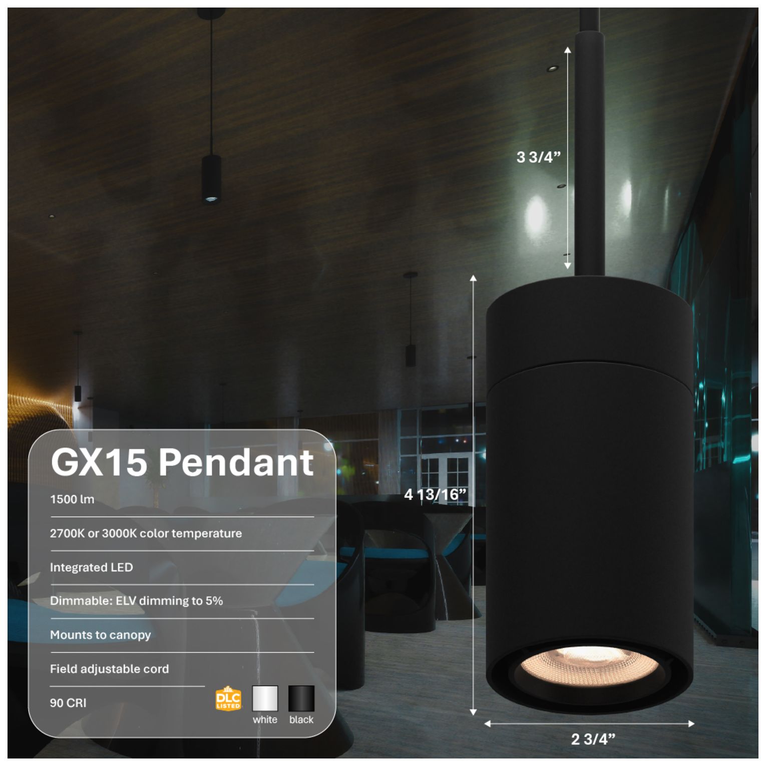 GX15 4" Wide 1 Light Black Field Cuttable 2700K LED Pendant