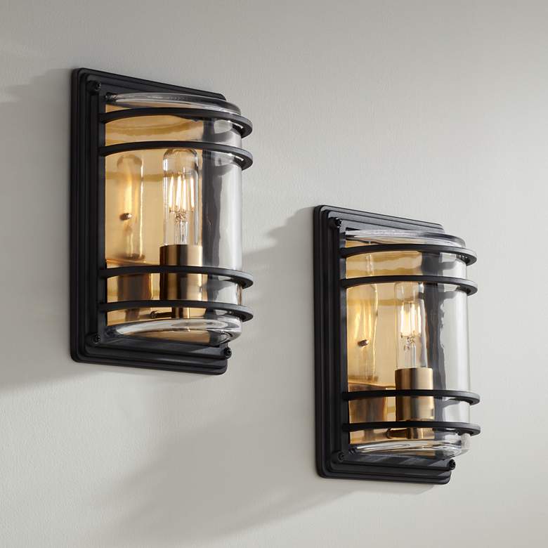 Image 1 Habitat 11" High Black and Brass Wall Sconce Set of 2