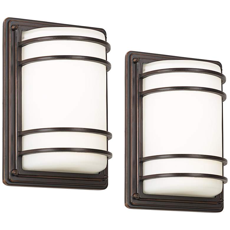 Image 2 Habitat 11 inch High Bronze and Opal Glass Outdoor Wall Light Set of 2