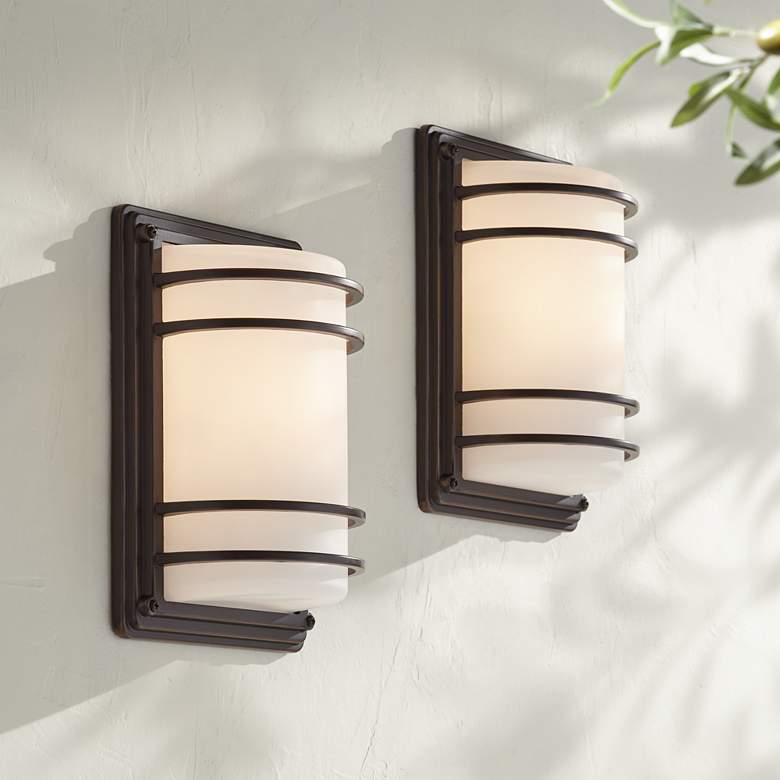 Image 1 Habitat 11 inch High Bronze and Opal Glass Outdoor Wall Light Set of 2