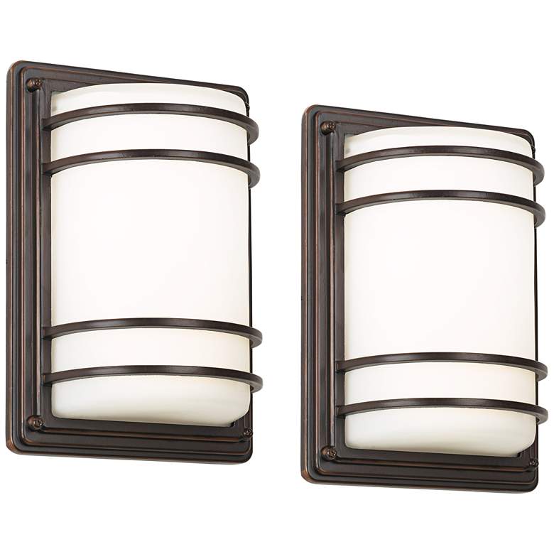 Image 1 Habitat 11" High Bronze and Opal Glass Wall Sconce Set of 2