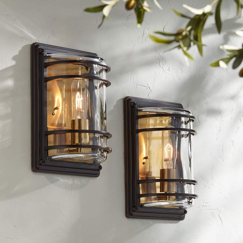 Image 1 Habitat 11" High Bronze and Warm Brass Outdoor Wall Light Set of 2