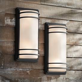 Image1 of Habitat 16" High Black and Frosted Glass Outdoor Wall Light Set of 2