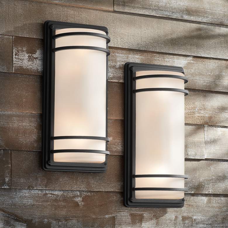 Image 1 Habitat 16" High Black and Frosted Glass Outdoor Wall Light Set of 2