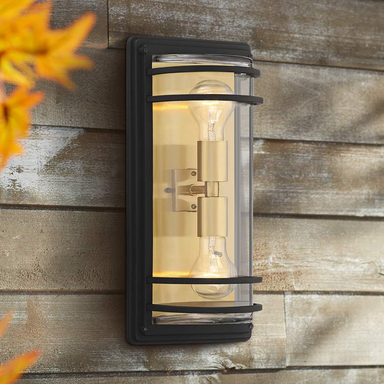 Habitat 16&quot; High Black and Warm Brass 2-Light Outdoor Wall Light
