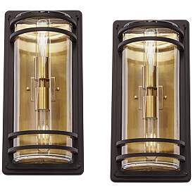 Image1 of Habitat 16" High Black and Warm Brass 2-Light Wall Sconce Set of 2