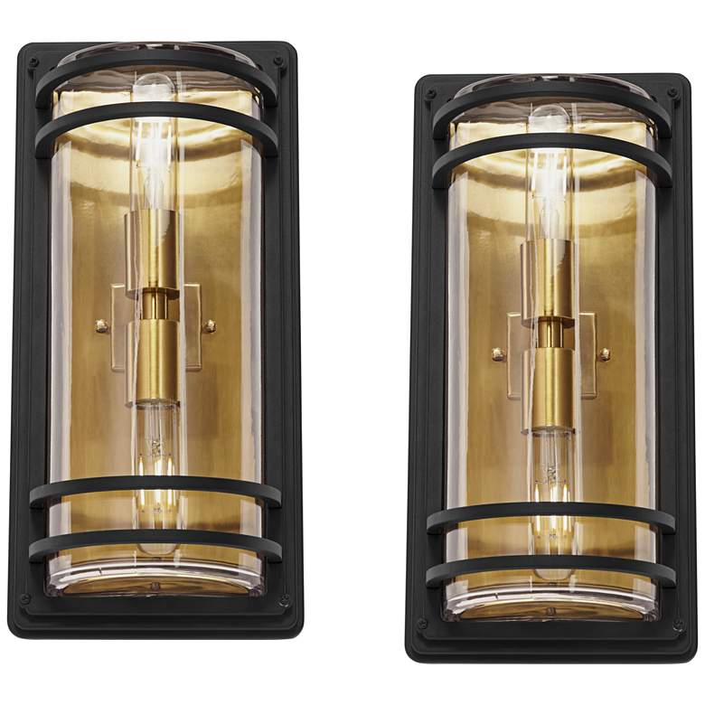 Image 2 Habitat 16" High Black and Warm Brass 2-Light Wall Sconce Set of 2