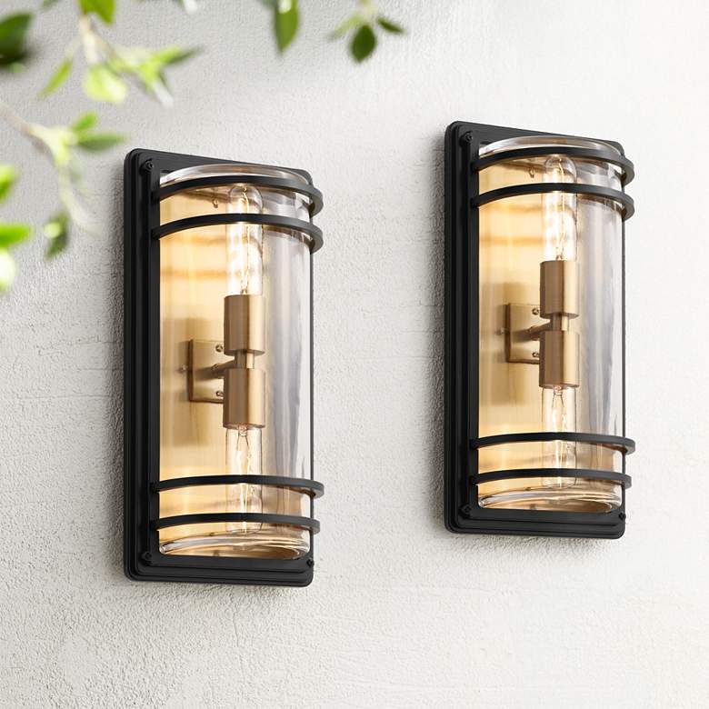Image 1 Habitat 16" High Black and Warm Brass 2-Light Wall Sconce Set of 2