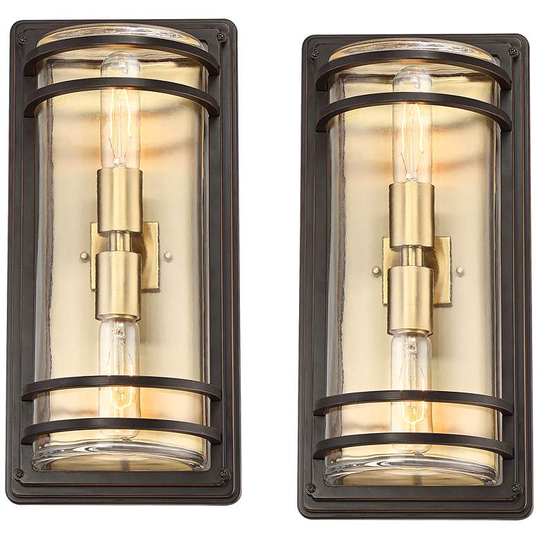 Image 2 Habitat 16 inch High Bronze and Brass 2-Light Outdoor Wall Light Set of 2