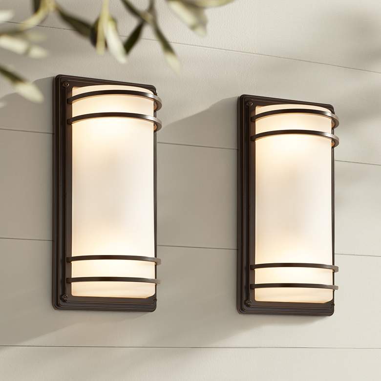 Image 1 Habitat 16" High Bronze and Opal Glass Outdoor Wall Light Set of 2