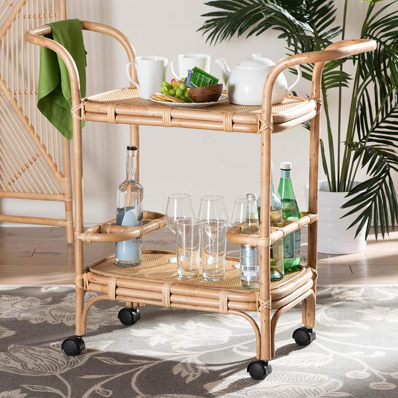 Image 1 Hadia 37 1/4" Wide Natural Brown Rattan Wine Cart