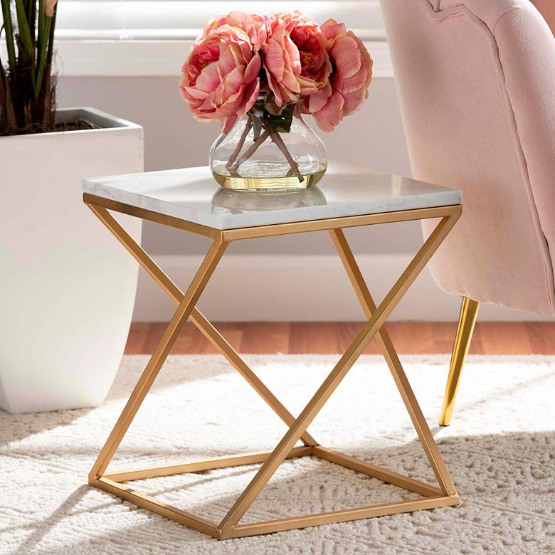 Image 1 Hadley 13 3/4" Wide White Marble Gold Metal Square End Table