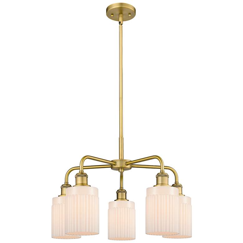 Image 1 Hadley 22.5"W 5 Light Brushed Brass Stem Hung Chandelier With White Sh