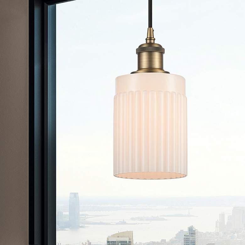 Image 2 Hadley 4.5" Wide Brushed Brass Corded Mini Pendant w/ Matte White Shad more views