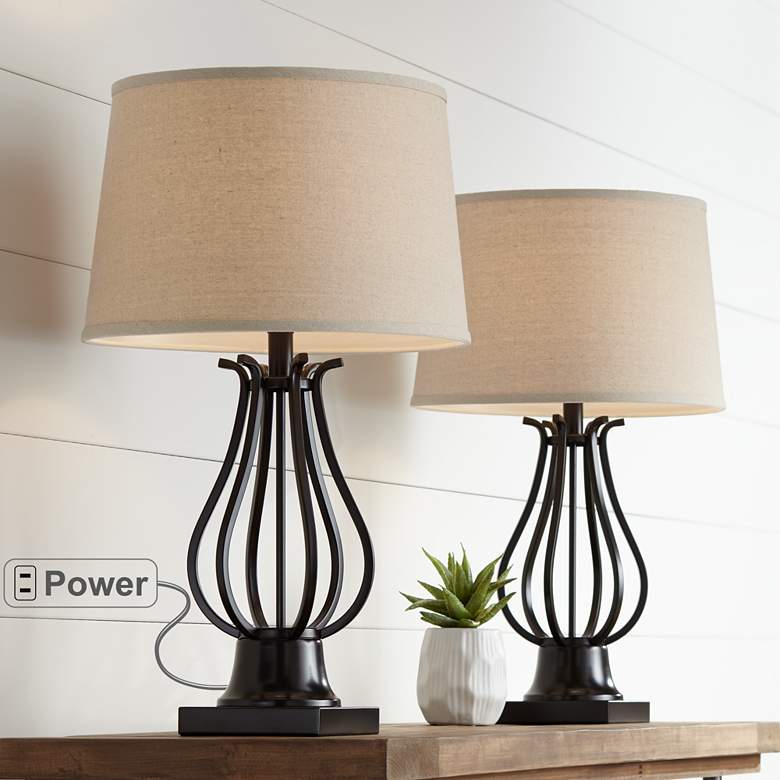 Hadley Bronze Metal Table Lamps with Plug Outlets Set of 2