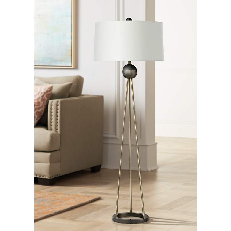Image 1 Hadley Pale Brass Tripod Metal Floor Lamp with Ivory Shade