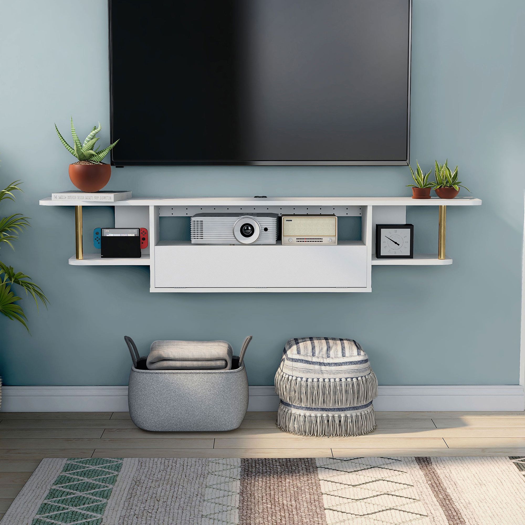 Haft 63" Wide White Wood 3-Shelf Floating TV Stand