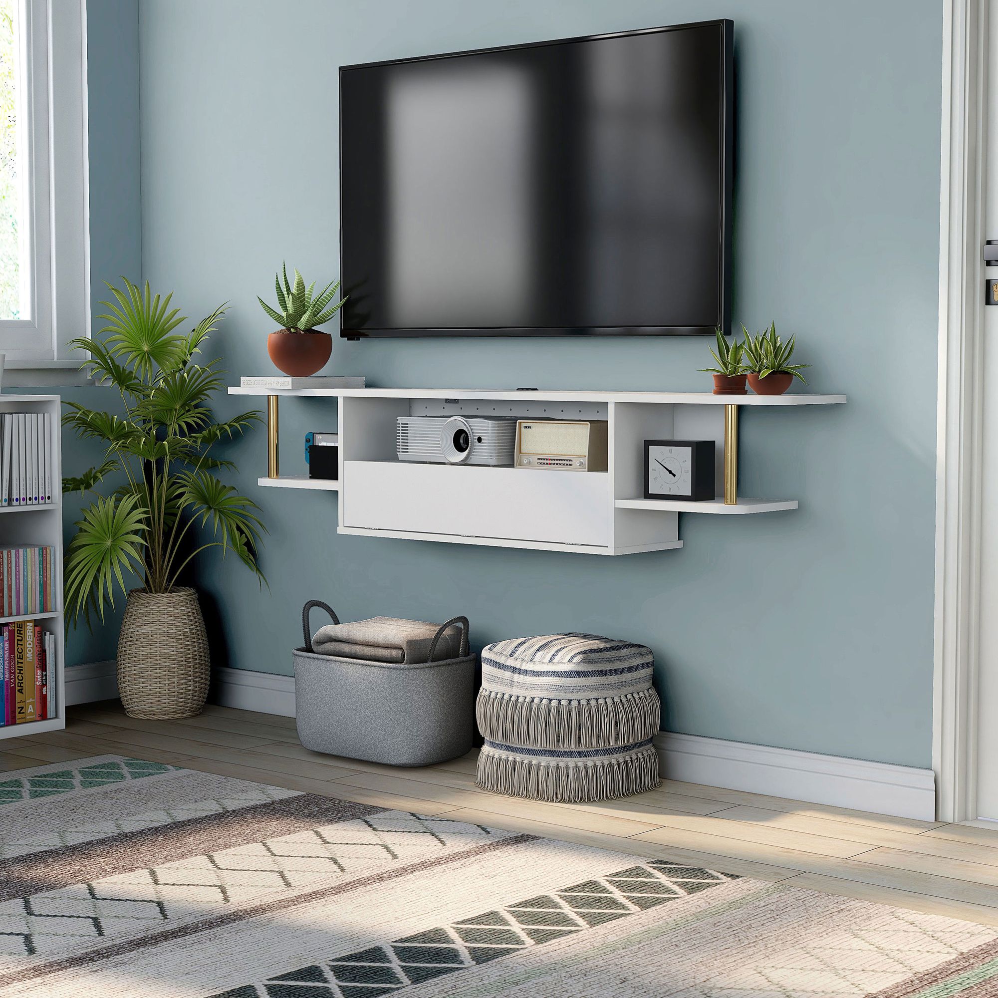 Haft 63" Wide White Wood 3-Shelf Floating TV Stand