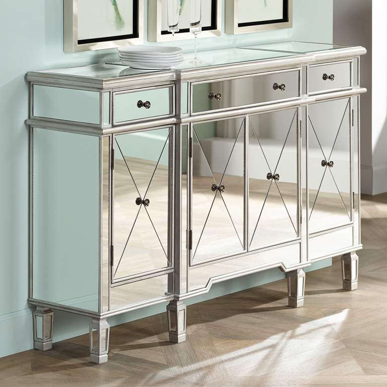 Image 1 Hailey 60" Wide Silver and Mirrored 4-Door Console Chest