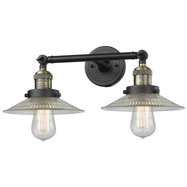 Image 1 Halophane 2 Light 18" LED Bath Light - Black Brass - Clear Halophane S