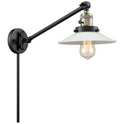 Halophane 25" High Black Brass Swing Arm w/ Matte White Halophane Shad