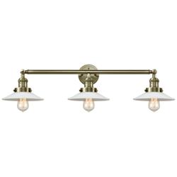 Halophane 32.5"W 3 Light Antique Brass Bath Light w/ White Halophane S