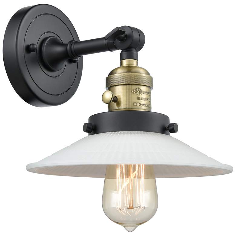 Image 1 Halophane 8" High Black Brass Sconce w/ Matte White Halophane Shade