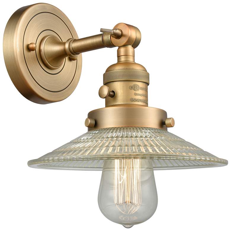 Image 1 Halophane 8" High Brushed Brass Sconce w/ Clear Halophane Shade