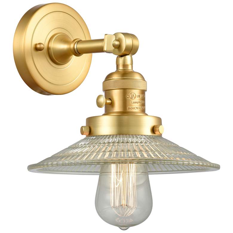 Image 1 Halophane 8" High Satin Gold Sconce w/ Clear Halophane Shade