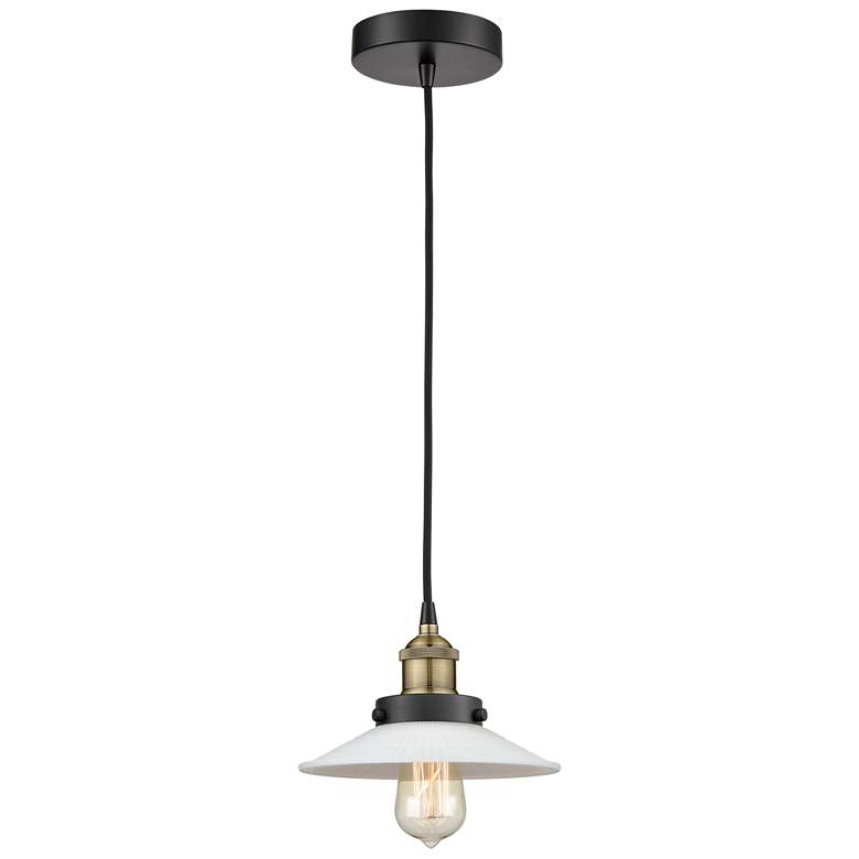 Image 1 Halophane 9"W Black Brass Corded Mini Pendant w/ White Halophane Shade