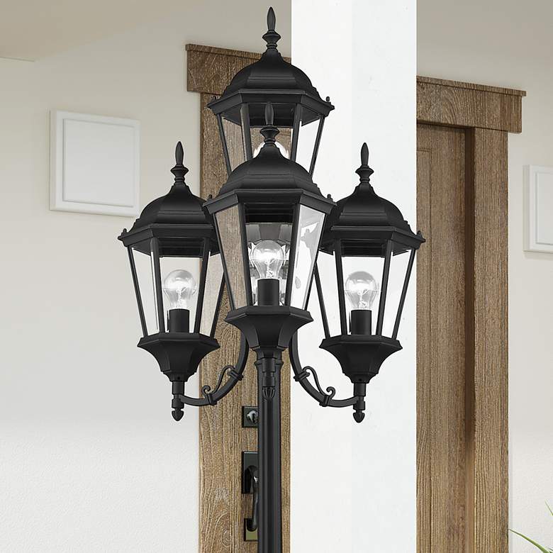 Image 1 Hamilton 95" High Black 4-Head Outdoor Post Light with Base