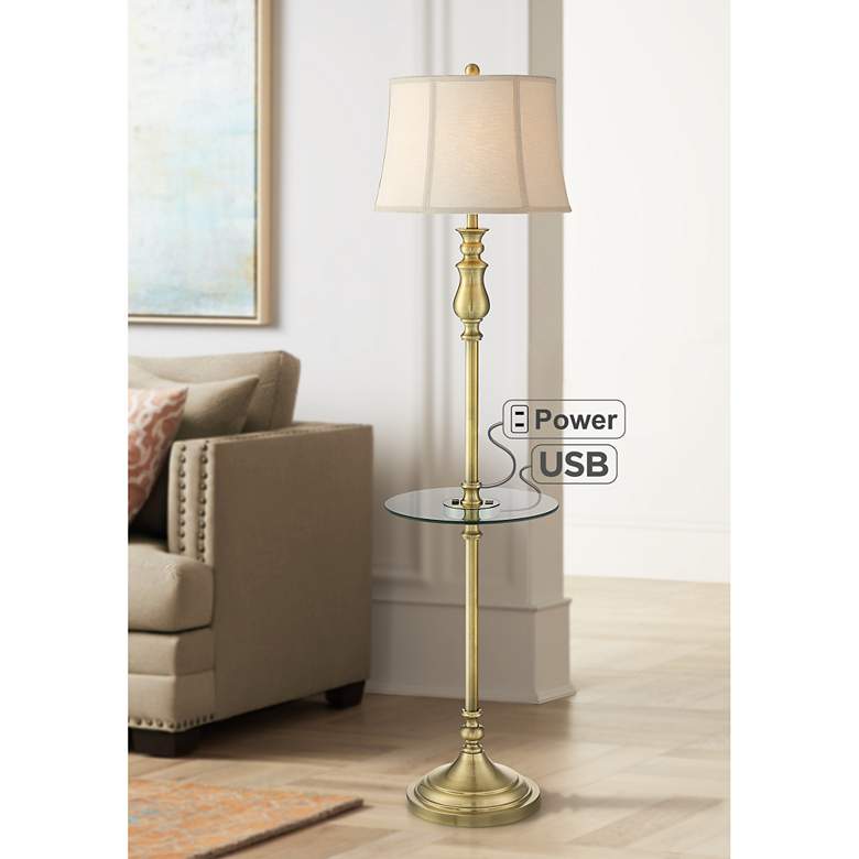 Image 1 Hamlet Brass Tray Table Floor Lamp with Outlet and USB Port