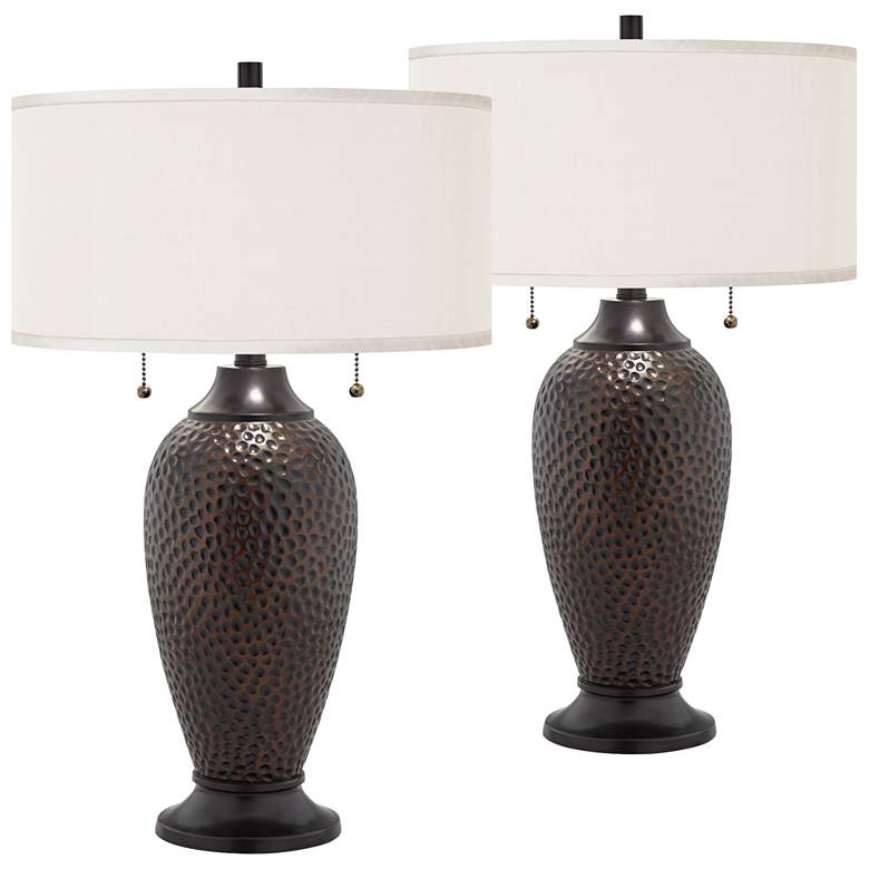 Image 1 Hammered Bronze Table Lamps with Cream Faux Silk Shades Set of 2