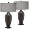 Hammered Bronze Table Lamps with Gray Faux Silk Shades Set of 2
