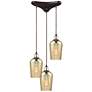 Hammered Glass 10" Wide 3-Light Pendant - Oil Rubbed Bronze with Amber